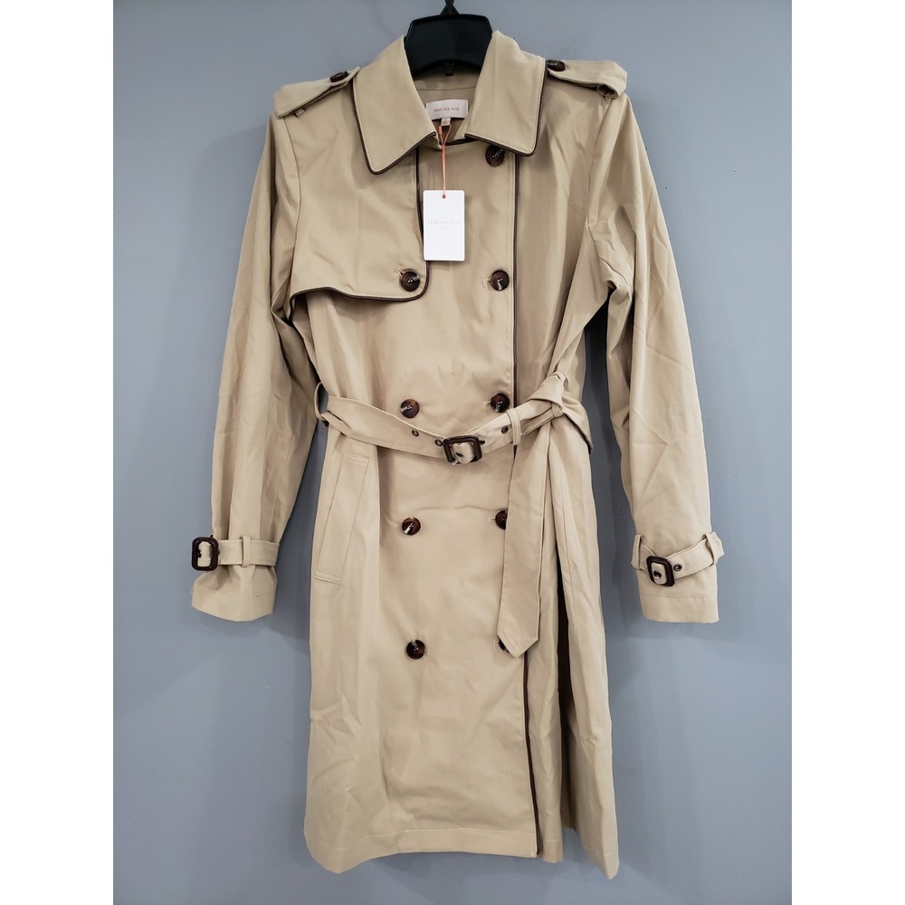 NEW Faux Leather Trim Trench Small Camel Coat Khaki business career long womens